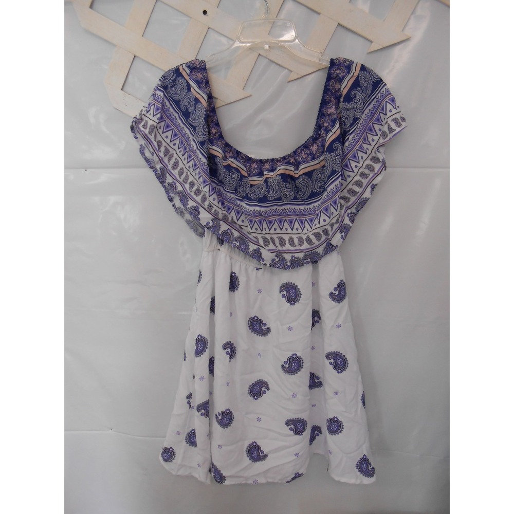 NEW Off Shoulders Cute Paisley Peasant Style Purple White Medium Short Sun dress